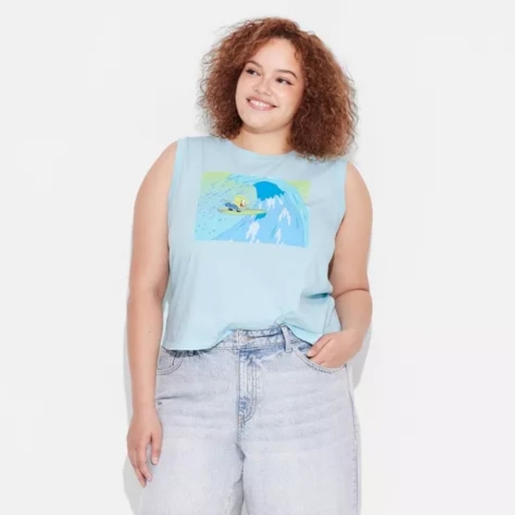 NWT Nickelodeon Women's SpongeBob Surfing Graphic Tank Top - Light Blue XXL - Picture 1 of 14